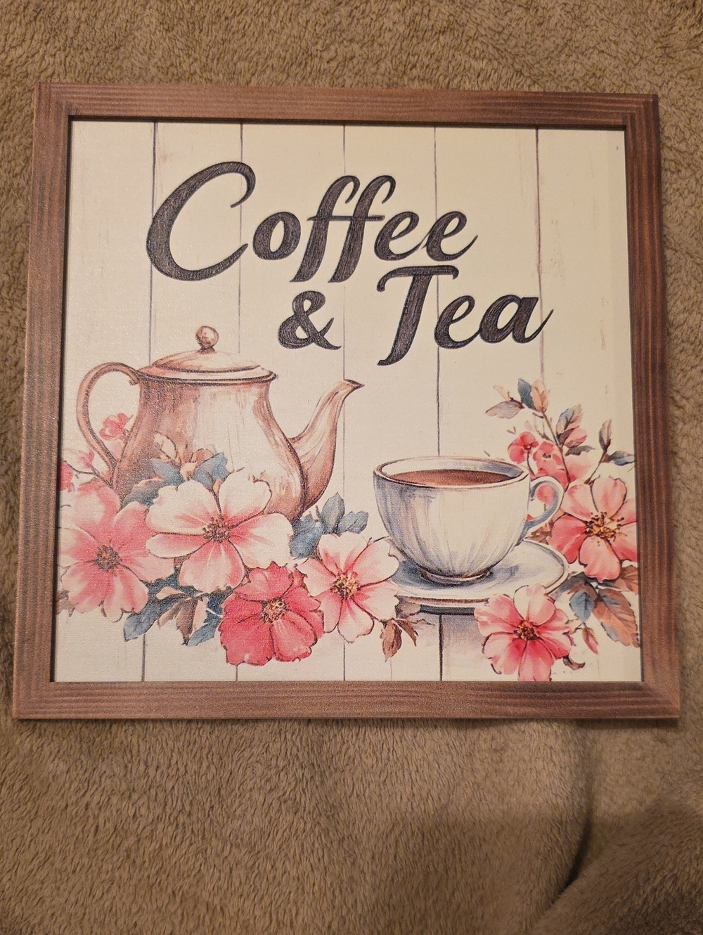 NWOT Coffee & Tea Floral Wall Art Sign - Pink and Cream